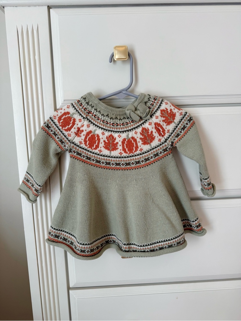 Sage Green Knit Dress with Orange Pumpkins